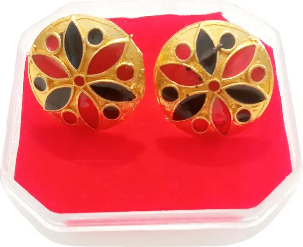 (Pack_Of_2)_Assamese_Traditional_Copper_Gold_Plated_Red_Black_Colour_Japi_Design_Earring_Stud_Set_For_Girls_&_Women
